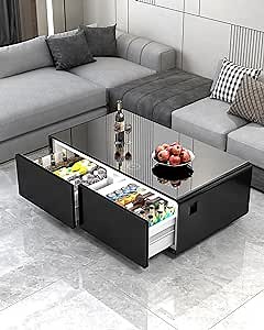 LIVTAB Smart Coffee Table, 27.7" D x 51" W x 18.1" H, Living Room Table with Built in Fridge and Speakers, Smart Table with 15W Wireless Charging, USB Chargers and 110V Outlets (Black)