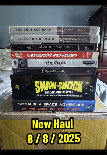 Here is some some new titles that have come in: First up we have Criterion: Spin #: 378: Fires on the Plain (1959) Spin #: 379: The Burmese Harp (1956) Deaf crocodile: Spin# DC-034: Signals: A Space Adventure (1970) In the Dust of the Stars (1976) Imprint: Asia Spin #: 18/19/20: The Oily Maniac (1976) Seeding of a Ghost (1983) Sex Betond the Grave (1984) 4k Steelbooks: The Crow (1994) Master and Commander (2003) DragonHeart (1996) From MVD: Spin #: 63: Cheerleaders’ Wild Weekend (1979) #physical