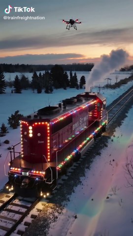 A Christmas-lit locomotive pushing through fresh snow at sunrise, steam rolling into the cold winter air while a drone captures the moment from above. Pure holiday rail magic. ❄️🚂✨ #ChristmasTrain #WinterRail #DroneFootage #ViralReels
