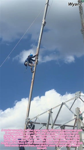 Construction Work: Worker Climbing High Iron Tower for Maintenance