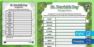 St. Patrick's Day Anagrams Worksheet for 6th-8th Grade