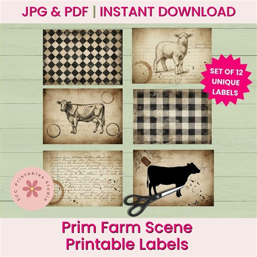 Prim Vintage Farm Scene Printable Labels, Primitive Cow, Sheep & Chicken College Sheets for Junk Journal, Scrapbooking Supplies, Card Fronts - Etsy