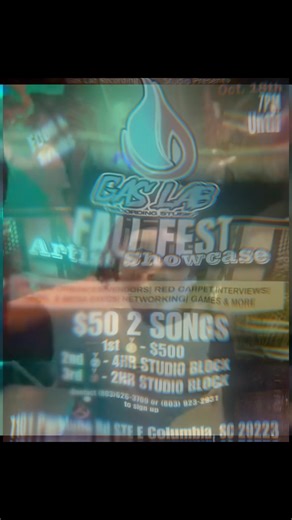 🔥 GAS LAB RECORDING STUDIO PRESENTS: 🔥 🎤 FALL FEST ARTIST SHOWCASE 🎶 📅 October 18th | 7PM Until 📍 7101 Parklane Rd STE E, Columbia, SC 29223 🍔 Food & Drinks Available! 🎬 Live Performances | Vendors | Red Carpet Interviews | Label & Media Execs | Networking | Games & More! 💰 ENTRY: $50 for 2 Songs 🏆 Prizes: 🥇 1st – $500 CASH 🥈 2nd – 4HR Studio Block 🥉 3rd – 2HR Studio Block 🎧 Think you got what it takes? Come showcase your talent at Gas Lab Recording Studio’s Fall Fest! 🔥 Connect w