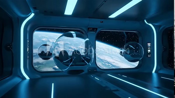 Futuristic spacecraft control room with sleek dashboard and astronaut helmets in a high-tech environment viewed from behind
