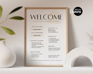 Airbnb Welcome Sign Simple, Beach House, Vacation Rental, Guest Arrival Poster, Wifi, House Rules, Editable Canva Template Printable EG2 - Etsy