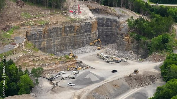 Industrial gravel quarry. Open pit mining site of limestone materials extraction for construction industry
