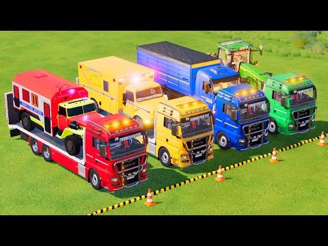 Quadruple Trucks Transporting cars with Flatbed Trailers! Cars vs Speedbump vs Train vs Pothole #107