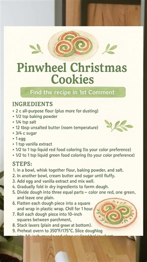 All the holiday joy—layered, rolled, and baked into every sweet slice! 🎄 Here’s how to make these whimsical Pinwheel Christmas Cookies: 1️⃣ Mix flour, baking powder, and salt in one bowl. In another, cream butter sugar, then beat in egg and vanilla. 2️⃣ Slowly blend the dry stuff into the wet until dough forms. Divide into 3—tint one red, one green, and leave one plain. 3️⃣ Chill, then roll each into 10” squares. Stack, roll tightly into a log, and chill again. 4️⃣ Slice into ¼” rounds, bake at
