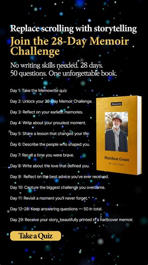 💭 Memories fade, but your story can last forever. With Memowrite, sharing your journey is easier than ever. Thoughtful prompts spark reflection Free your creativity A beautifully designed memoir, delivered to your door 📚 Sale ends soon! Save up to 64% today. | Memowrite