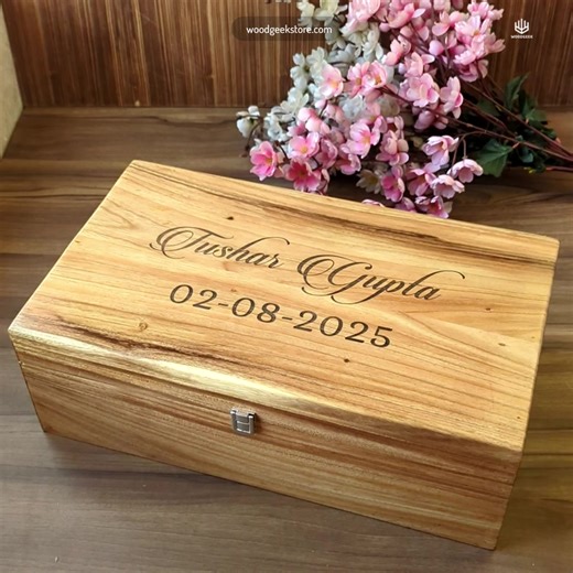 Large Premium Teak Wood Box With Custom Engraving | 17 x 10 x 5 inch Custom wooden gift box made from our most premium wood, teak in 17 x 10 x 5 inch size. Personalize this large wooden gift box with your message, logo or photo. We can customize the size, the wood type and make wooden boxes in your size and design specifications | Woodgeek Store India | Facebook