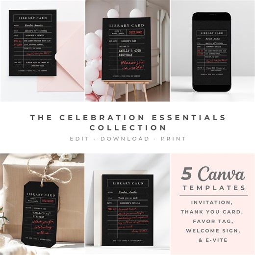 Library Card Themed Birthday Bundle, Printable Invitation, Thank You Card, Favor Tag, Welcome Sign, E-vite, Editable Canva Templates 0153 - Etsy