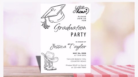 Editable Minimalist Cowgirl Graduation Party Invitation, Western Grad Party Invitation, Graduation Announcement Template