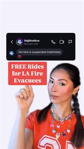 Jessica Lee on Instagram: "🚨🚎 Attn: Los Angeles Residents & Evacuees 🚎🚨 Big Blue Bus offering FREE RIDES on ALL ROUTES 🫶🏼 @bigbluebus is stepping up and doing their part, helping evacuees and those who’ve lost their vehicles in the fires, get to where they need. 🔥🥺 Big Blue Bus routes to access: - Groceries - Necessities - Access Shelters - Get to and From Work - Get to and From School - Get to Friends for Safe Shelter"