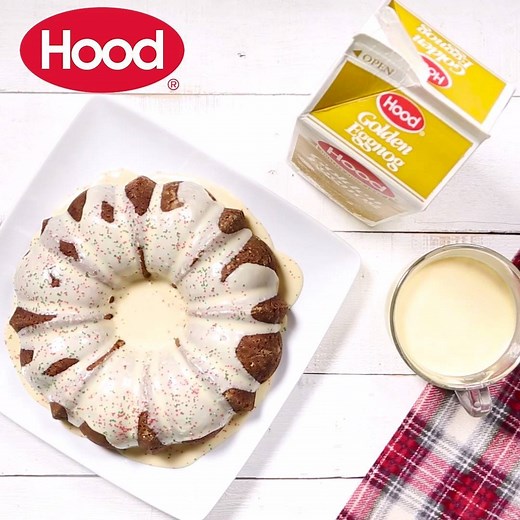 Golden Eggnog Cake Your holiday guests are going to LOVE this Hood® Golden Eggnog Cake! Coated with a delicious eggnog glaze and a sprinkling of holiday sugar, it's a festive way to celebrate the season! #ad PRINTABLE RECIPE -> https://www.adishofdailylife.com/2017/11/golden-eggnog-cake | A Dish of Daily Life