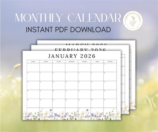 2026 Printable Calendar, PDF Monthly Planner, A4 Landscape, Monthly Calendar, Simple, Wildflowers, Instant Download - Etsy