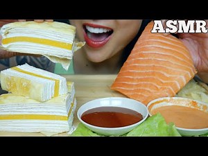ASMR SALMON SASHIMI SLAB FIRE SAUCE SPICY MAYO MANGO CREPE CAKE (EATING SOUND) NO TALKING | SAS-ASMR