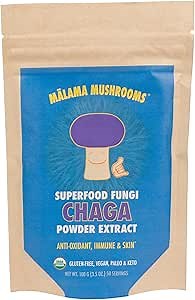 Chaga Extract Powder by Malama, Organic Fruiting Body Chaga Mushroom Powder, Superfood Adaptogenic, Supports Immune System, Skin Health, and Fatigue, 100 Servings