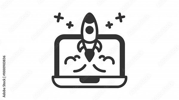 Animated startup with laptop screen with rocket launching and stars, perfect for technology, innovation, space exploration, astronomythemed designs, presentations, and educational materials