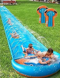 Spring Water Slip and Water Slide, 32FT Lawn Slip n WaterSlide for Kids Adults, Backyard Summer Outdoor Water Toys with Sprinkler, 2 Inflatable Bodyboards