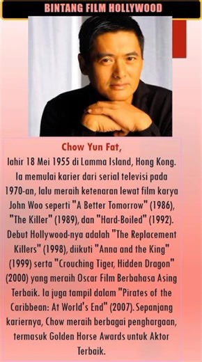 PROFIL ARTIS HOLLYWOOD Chow Yun-Fat, Legenda Layar Hong Kong yang Mendunia I Penggemar Film