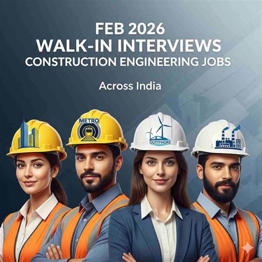 🚨 FEB 2026 WALK-IN INTERVIEWS | CONSTRUCTION ENGINEERING JOBS 🚨 Top EPC & Infra companies hiring 10–28 Feb 2026 across India 👷‍♂️👷‍♀️ ✔️ KEC International – Goa (High-Rise & Villas) ✔️ Turner & Townsend – Mumbai (Data Centers, Cost & MEP) ✔️ Gleeds – Mumbai (Project & Cost Mgmt) ✔️ L&T Heavy Civil – Mumbai (UG Metro Tunnels) ✔️ Samsung E&A – Noida (Refinery & Petrochemical EPC) ✔️ Shapoorji Pallonji – Hyderabad ✔️ L&T Energy – Chennai (Offshore Wind) ✔️ Suzlon OMS – Online (Women in Wind Ene