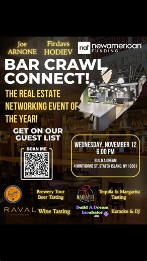 Elaine Gets It Done on Instagram: "🔥 Staten Island — Get Ready to Mix, Mingle & Make Connections! 🔥 We’re turning up the energy with BAR CRAWL CONNECT! 🍸 The ultimate networking experience — where deals, friendships, and collaborations begin over great drinks and good vibes! 💥 Hosted by @arnone_joe & @firdavshodiev of New American Funding 📍 @buildadreamincubator , 4 Minthorne St, Staten Island, NY 🗓 Wednesday, November 12 ⏰ Doors open at 6:00 PM | Bar Crawl kicks off at 6:45 PM SHARP! 🍻 @