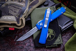 Microtech Ultratech OTF Automatic Knife Blue 3.4" Tanto Stonewash 123-10BL
