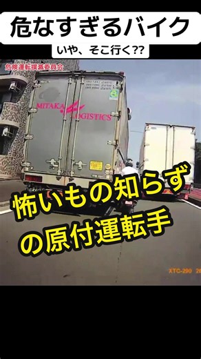 大型トラックの間をすり抜けようとした原付、危なすぎるよ #ドラレコ #警察24時 #安全運転を心がけましょう #危険運転はやめましょう #危機一髪