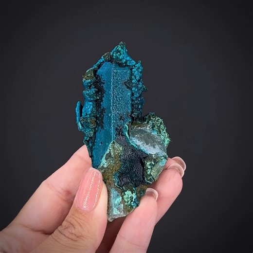 Chrysocolla on Quartz - Tentadora Mine, Julcani Dist., Angaraes Prov., Huancavelica, Peru More info: https://www.irocks.com/minerals/specimen/53074 Layers and layers of "goopy" chrysocolla have deposited in whirls and ball-shaped (botryoidal) formations all over the top of a quartz point, in a stunning and balanced specimen from these unique finds. There simply are not normally mineral specimens that look like these, and they seem like a fusion of organic and geologic elements. These robust crys