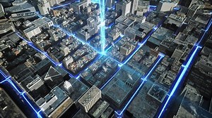 Satelite Data Signal at Digital City Junction Optical Aerial Shot At Dusk High Speed Communication Cloud Computing Downtown Financial District