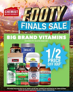 Get 1/2 PRICE OFF Big Brand Vitamins! Visit us at {{page.location.street_address}}, {{page.location.city}} to shop! Ends 22/9. | Chemist Warehouse