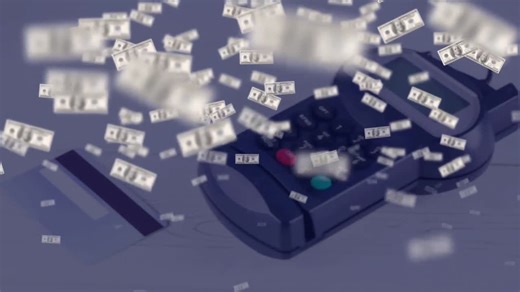 Animation of american dollar banknotes falling over credit card and payment terminal | Premium Stock Video Footage