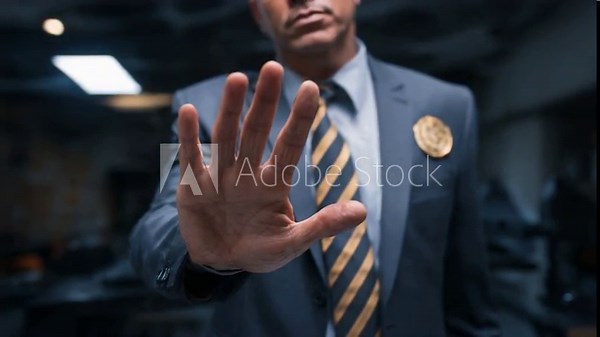Stop Gesture: A professional man in a suit extends his hand forward, a clear indication of stop in a controlled setting, emphasizing authority and command.