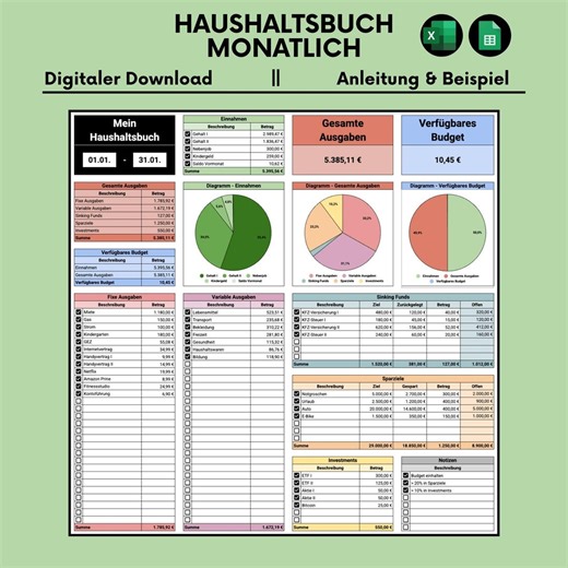 Monatliches Haushaltsbuch | Vorlage | Microsoft Excel | Google Sheets | Spreadsheet | Digital | Deutsch | Euro | Budgetplaner | Finanzplaner - Etsy UK
