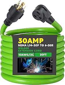 Kanayu 20 ft Welder Extension Cord Compatible with Nema L14-30p to 6-50r, 4 Prong Generator to 3 Prong Welder Power Adapter Cord 30 Amp Generator Locking Plug Connector to Welding