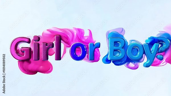 The phrase "Girl or Boy?" in bold 3D letters with a blend of pink and blue colors, surrounded by swirling clouds of pink and blue, symbolizing a playful and vibrant gender reveal theme.