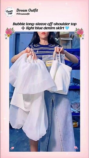 Bubble long-sleeve off-shoulder top ➕ light blue denim skirt 🩵