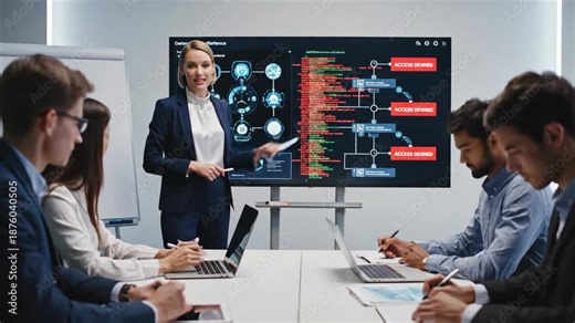 Security Team Meeting on Network Access - A female security professional presents a network security plan to a diverse team, highlighting areas of access denial.