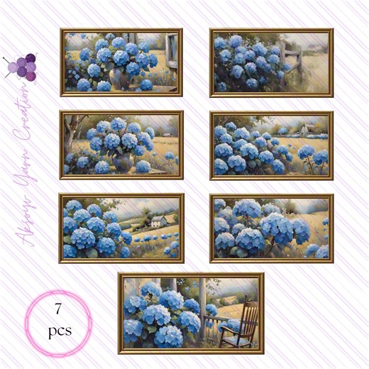 Blue Hydrangea Flower Frame TV Art, Oil Floral Painting, Summer Garden Screensaver, 7pcs - Etsy