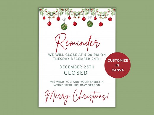 EDITABLE Closed for Christmas Sign, Holiday Hours Sign for Businesses, Retail Stores, Banks, Daycares, Libraries Editable Store Hours, Canva - Etsy