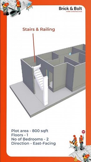 East-Facing 2BHK 800 sqft 3D Floor Plan ‪@Brick-n-Bolt‬ #floorplan
