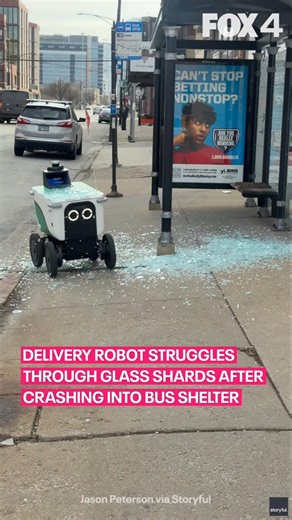 Delivery robot struggles after breaking glass window