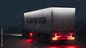 Logistics and Transportation Driving Truck Lorry at Night with Text on Trailer Delivery Network