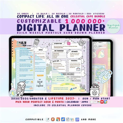Celestial Digital Planner Bundle 2026, Undated, Lifetime: Custom Daily iPad Android Goodnotes Coloring Planner - Etsy