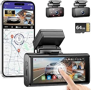 AZDOME 5K 3 Channel Dash Cam, Free 64GB Card, 4" Touchscreen Car Camera, 5G WiFi GPS Dashcam Front and Rear Inside 4K+1080P+1080P, IR Night Vision Driving Recorder, G-Sensor Parking Mode (M580)