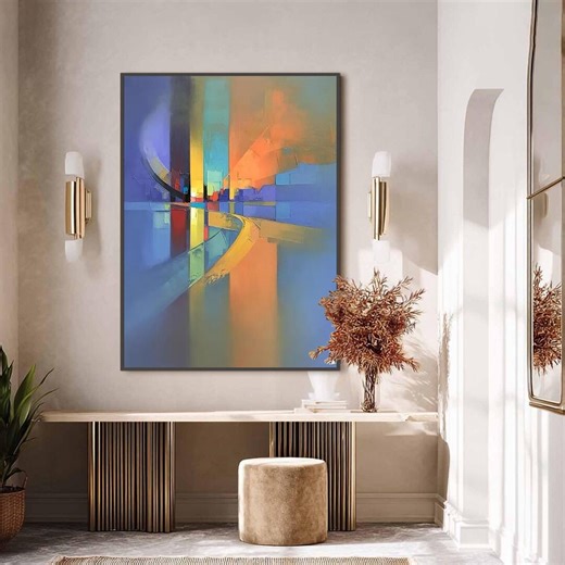 Large Abstract Cityscape Painting, Colorful Modern Urban Wall Art, Geometric Textured Canvas for Office, Blue and Orange Living Room Decor - Etsy
