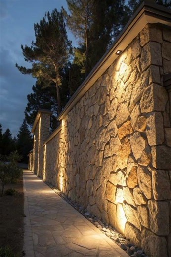 Stone wall with decor lighting ideas #stone wall design ideas