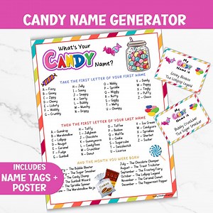 What's Your Candy Name Game for Kids, Birthday Party Label Generator, Printable Name Tags Activity, Summer Camp Icebreaker Badge Download - Etsy