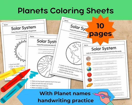 Planets Coloring Sheets – Solar System Tracing and Handwriting Practice for Kids – Printable PDF – Space Science Activity - Etsy Australia