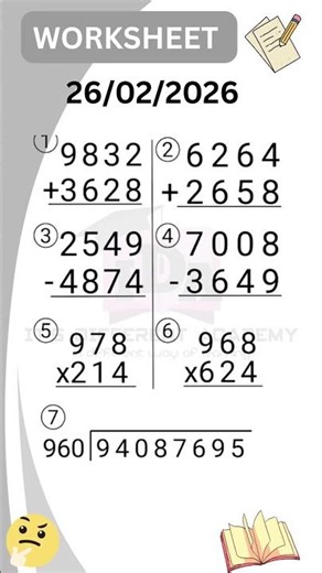 DAILY SUMS WORKSHEET 26-2-26 #WORKSHEET #MATHS #CBSE #NCERT #PRACTICE #cbse #maths #cbse#mathematics
